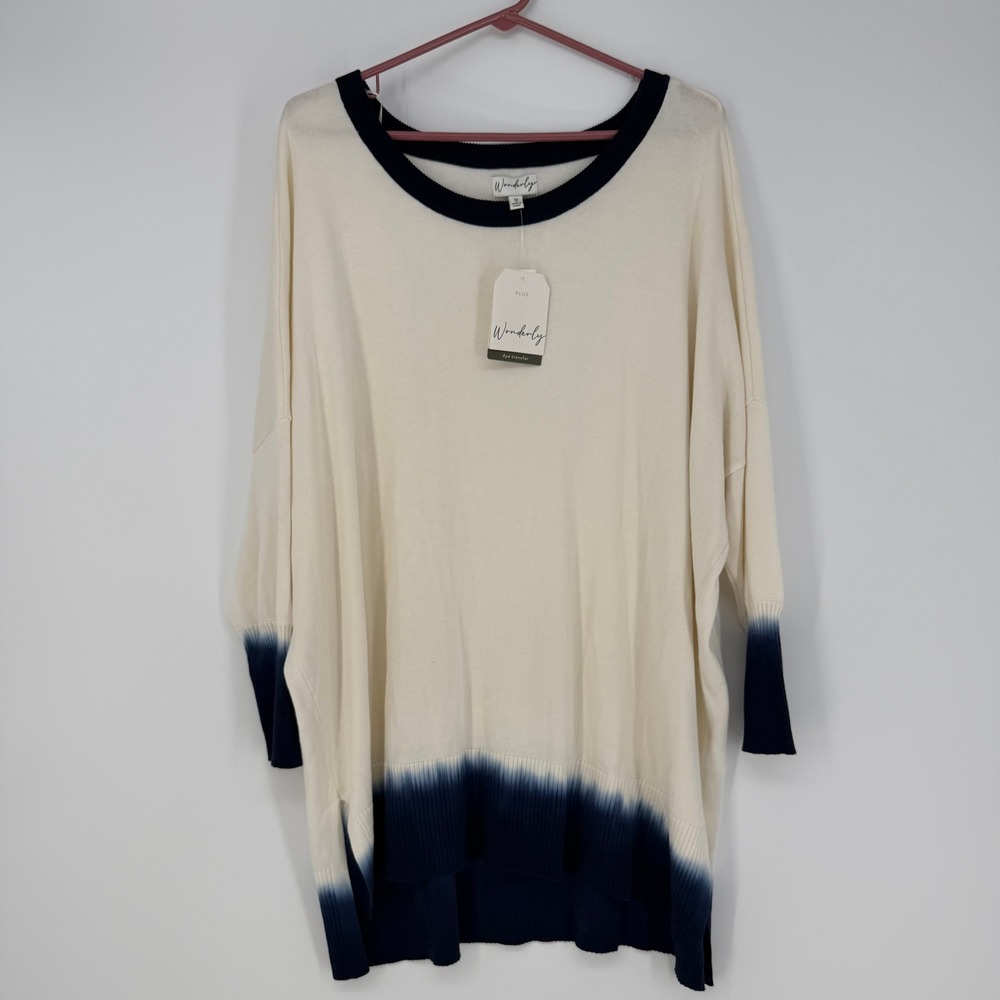 Wonderly Sweater Womens 1X Cream Navy Tie Dye Ombre Tunic Oversized Boho Comfy